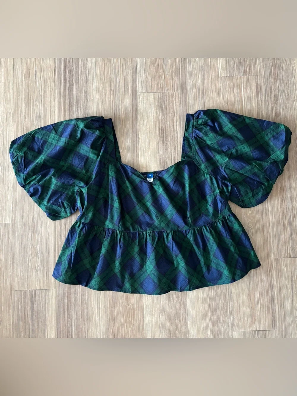 Old Navy Top Plaid Puff Sleeve Poplin Peplum Blue Green Womens 3X NWT Preppy